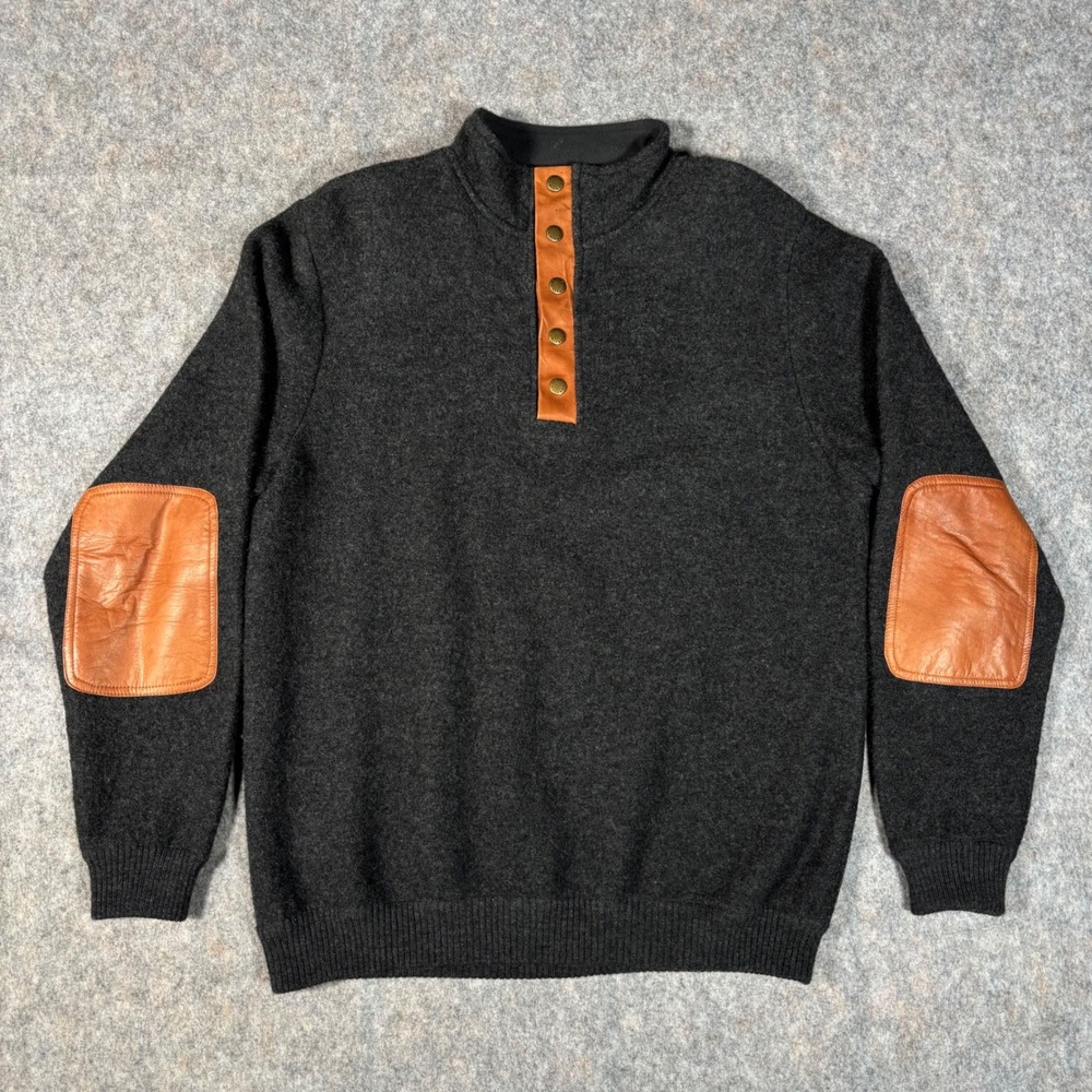 Orvis Wool Quarter Snap Sweater Mens M Gray Leather Elbow Patch‎ VTG HOLE READ